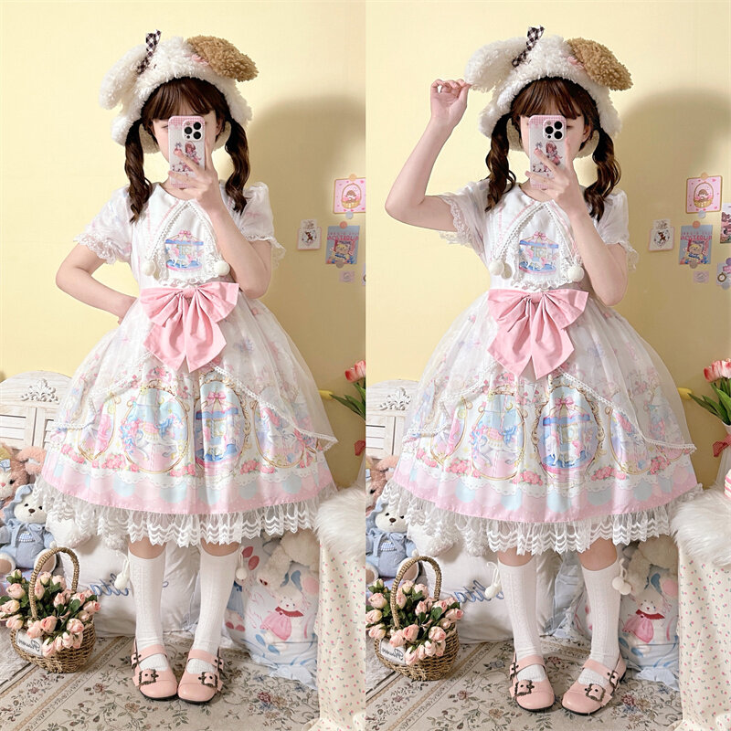 Japońska słodka sukienka Lolita karuzela OP sukienka z krótkim rękawem letnie dziewczyny słodkie spotkanie przy herbacie kobiety Harajuku Kawaii elegancka sukienka Vestidos