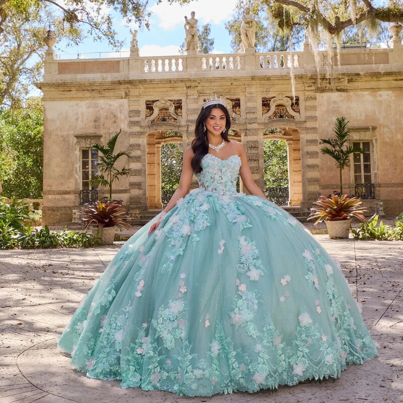 Kolorowe aplikacje 3D kwiatowe sukienki Quinceanera romantyczna ukochana dekolt słodka 16-letnia sukienka księżniczki vestidos de anos