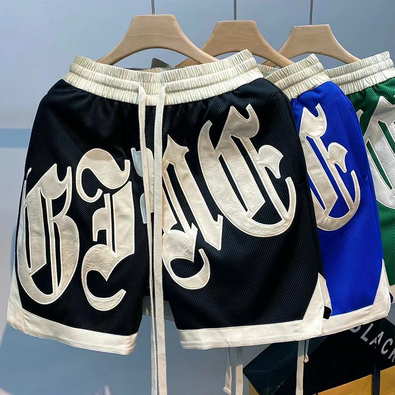 Wyszywane litery szorty do koszykówki męska odzież uliczna Vintage kolor kontrastowa męskie spodenki luźne spodnie dresowe męskich spodenek