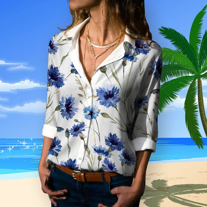 قميص هاواي بأكمام طويلة للنساء ، طباعة هندسية ، بلوزة نسائية بسيطة للمكتب ، مقاس كبير ، عصري ، الربيع ، الصيف
