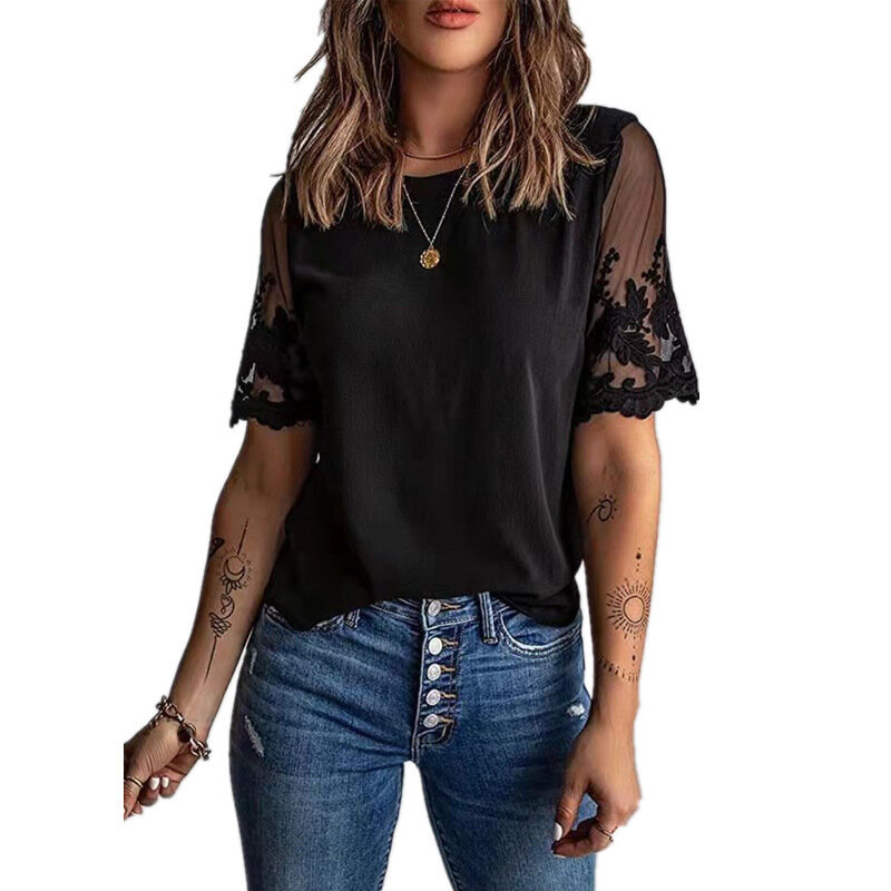 Summer New Women's Clothing Round Neck Short-sleeved Tops Lace Chiffon Shirts Fashion All-match Tops Female & Lady