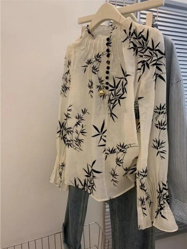 Miiiix-Tinta chinesa de bambu estampado camisa feminina, top high-end, camisas pequenas, senso design, início da primavera, novo, 2022
