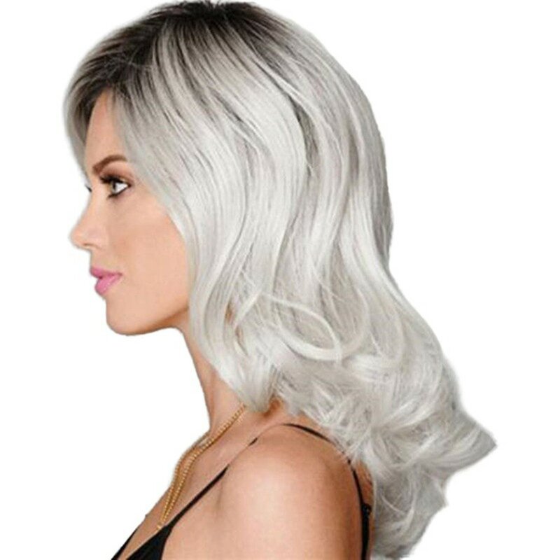 Granny Gray Side Part Fake Hair Medium Length Curls Slightly Cocked Synthetic Full Head For White Women'S Daily Party Use Wig