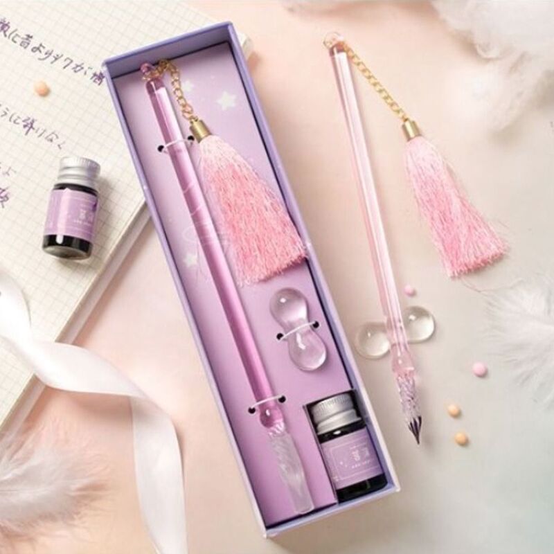 For Signing Writing Drawing Glitter Pen Gifts Box Student Stationery Crystal Glass Pen with Tassels Dip Pen Set with Ink