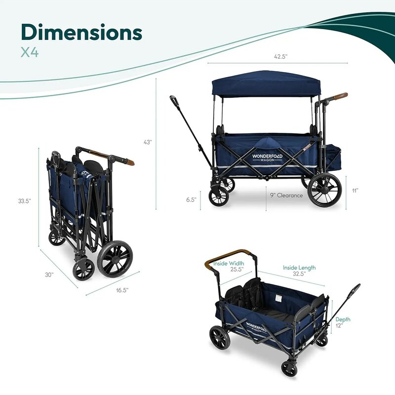 WONDERFOLD X4 Push & Pull Quad Stroller Wagon (4 Seater) - Collapsible Wagon Stroller with Seats with 5-Point Harnesses