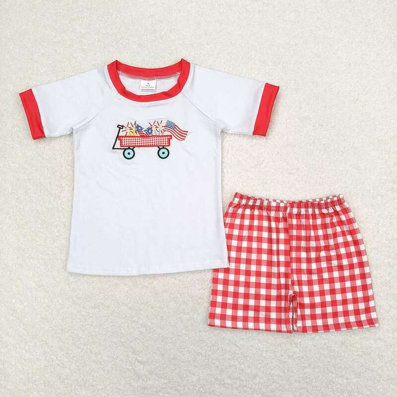 Sprzedaż hurtowa Baby Girl Boy July 4th Summer komplet dzieci maluch haftowana flaga krótkie rękawy dziecięce spodenki dla niemowląt dwuczęściowy strój