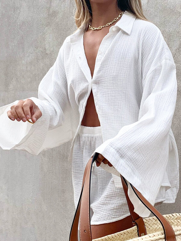 Hiloc Witte Katoenen Pyjama Set Losse Flare Lange Mouwen Loungewear Mode Dames Pyjama 2024 Nacht Draagt Voor Dames Nachtkleding