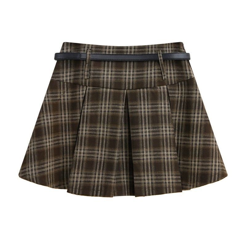 American Retro Plaid College Style High Waisted Slimming Versatile Half Skirt Temperament Casual Pleated Skirt for Women