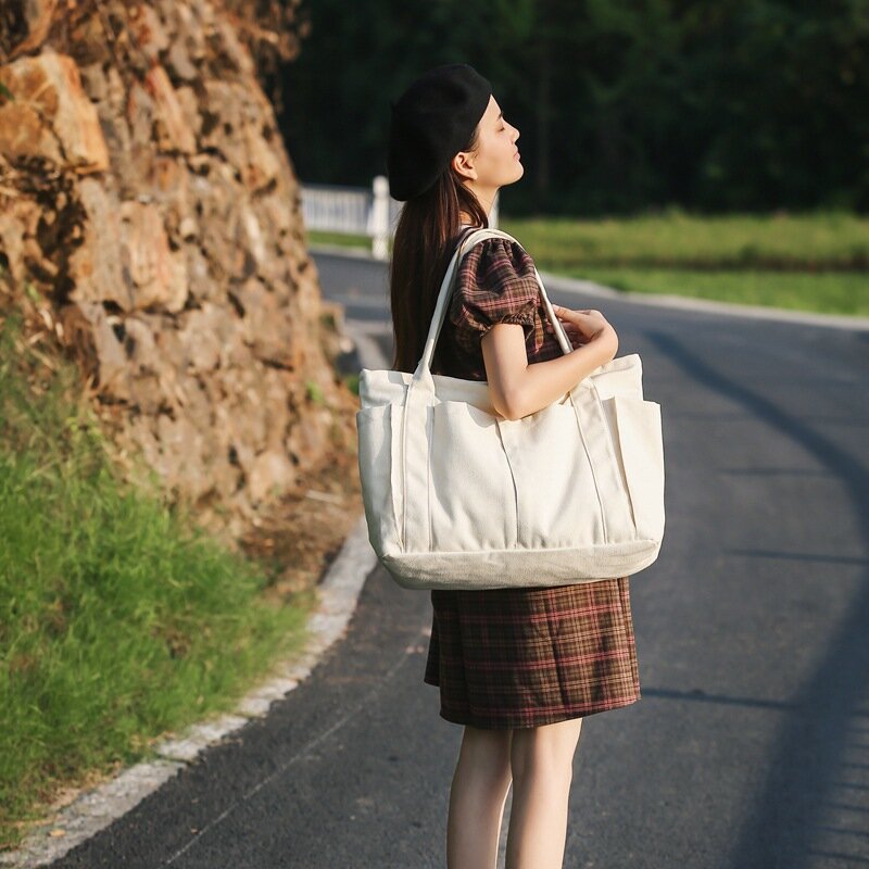 XOUHAM tas kanvas wanita, kapasitas besar tas bahu kasual tas pegangan atas penggunaan harian tas jinjing belanja perjalanan dompet