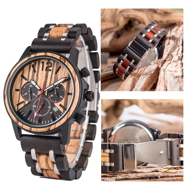 Relógios de pulso de quartzo de madeira masculinos Exibição esportiva de luxo relógio calendário melhor presente para homens pulseira