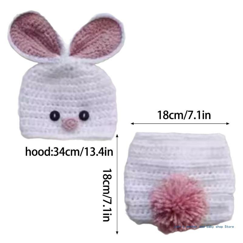 67JC Gemütliches Kaninchen-Mütze- und Hosen-Set, bequemes Outfit, Mütze und Hose aus Wollgarn
