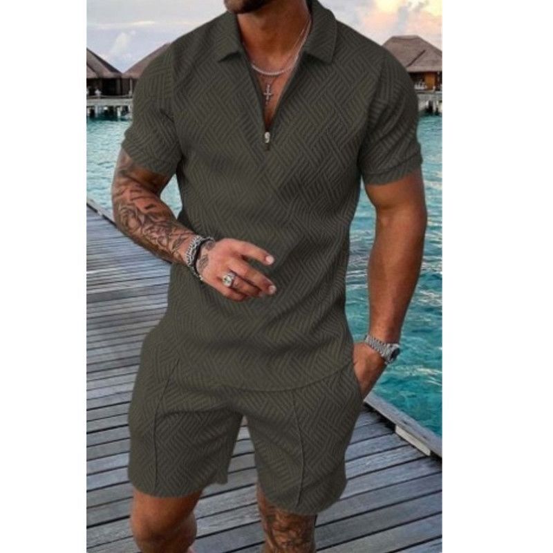 New Arrival Men's Sets  Solid Color Casual Zipper Stand Collar Short Sleeve Suit for 2024 Fashion