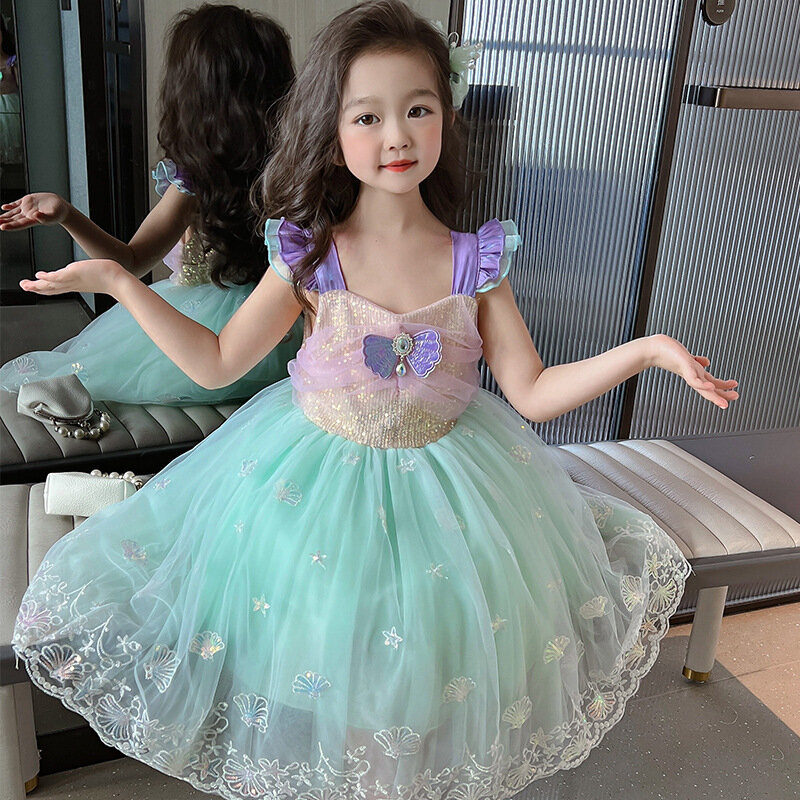 Nieuwe Zomer Fancy Meisje Elegant Verjaardagsfeestje Prinsessenjurk Festival Koreaanse Kinderen Kerst Halloween Cosplay Zeemeermin Kostuum