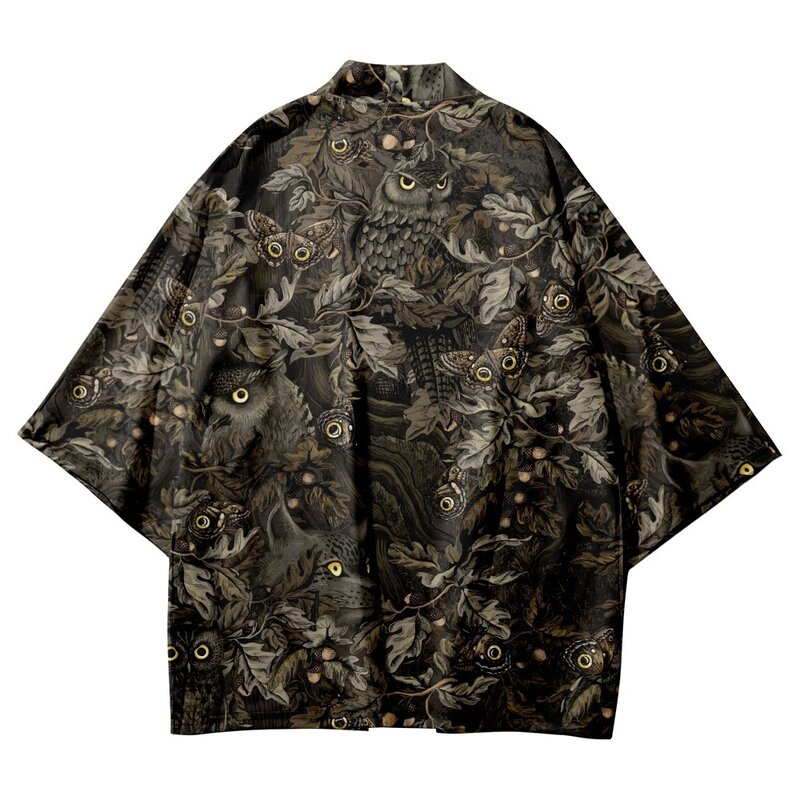 Camisas con estampado de búho Animal para hombres, ropa de calle japonesa, cárdigan tradicional Haori, Kimono de playa de verano, ropa asiática Yukata, moda
