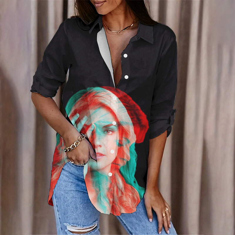Fashionable Bohemian Abstract Character Avatar Printed Women's Slim Shirt Summer And Autumn Fashion Versatile Tops For Women