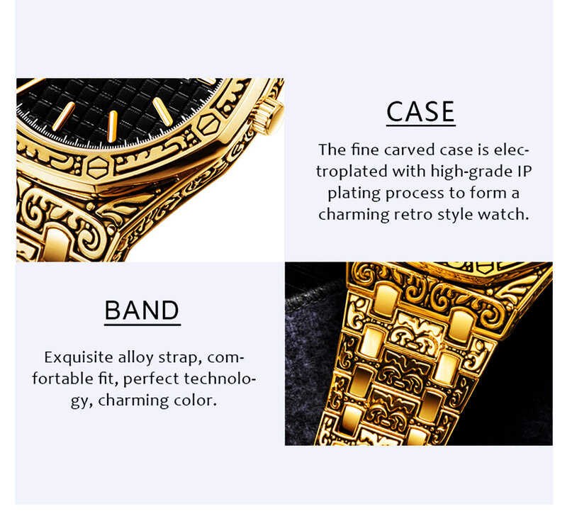 นาฬิกาข้อมือควอทซ์สแตนเลสสตีลสีทองสำหรับผู้ชายนาฬิกาข้อมือแกะสลักรูปปั้น gratis ongkir ผู้ชาย