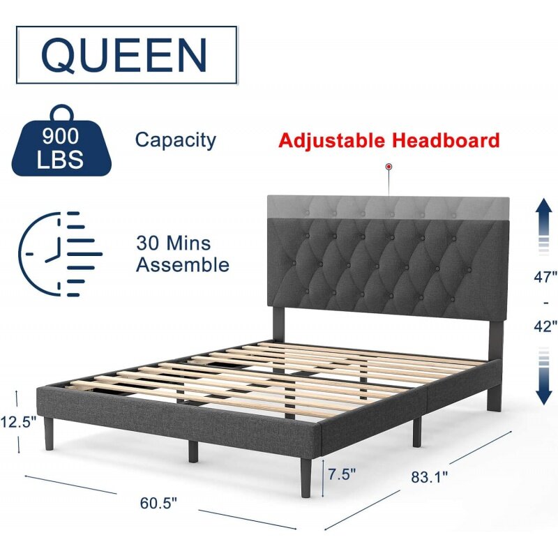 إطار سرير Molblly-queen مع لوح أمامي قابل للتعديل ، غلاف قماش كتان ، إطار قوي وشرائح خشبية ، بدون صندوق ، زنبركي