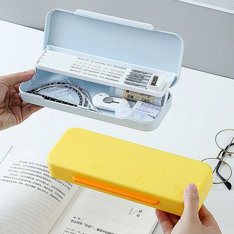 Kotak pensil portabel tahan air warna Soild, kotak pensil warna Macaron kapasitas besar, tempat pena lapisan ganda