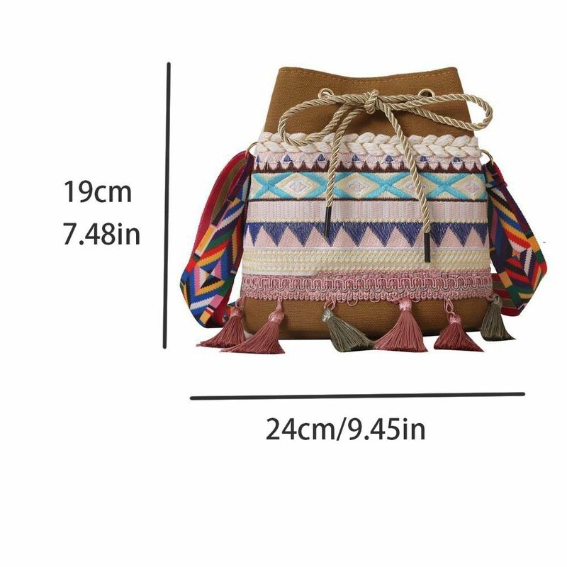 Borsa a tracolla in stile etnico con nappe borsa a forma di secchio con ricamo in tela borsa a tracolla con coulisse a righe in stile coreano da viaggio