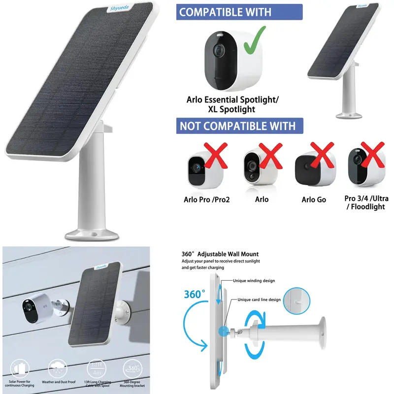 Novo 4w painel solar de carregamento para arlo essential spotlight/xl montagem em cabo (branco)