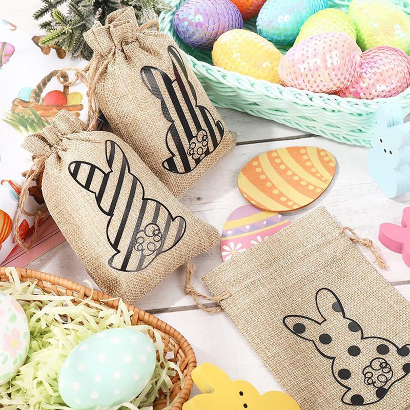 Bolsas de arpillera de Pascua con cordón para envolver regalos, bolsas de dulces de arpillera, conejito de Pascua, favores de fiesta, arte y artesanía DIY