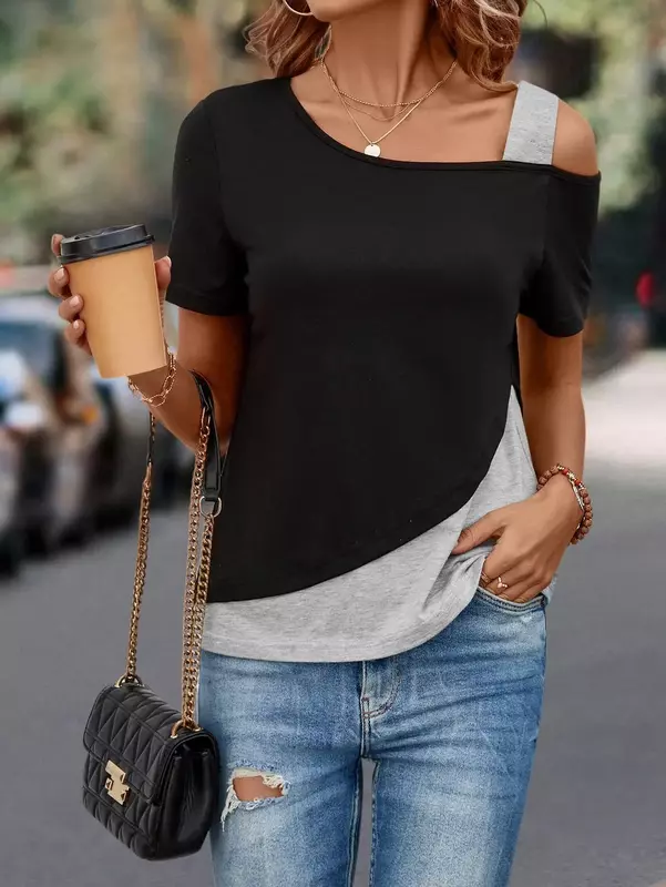 Schicke Farb blockierung kurz ärmel ige Frauen einfarbig schulter frei asymmetrisches T-Shirt weibliche Sommer lässige Tops