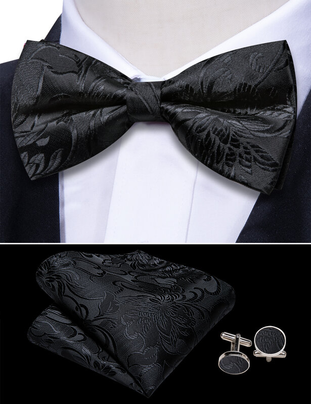Formal Black Floral Cummerbund Men Clssic Silk Bowtie Handkerchief Cufflinks Suit Set Business Wedding Party Designer Barry.Wang