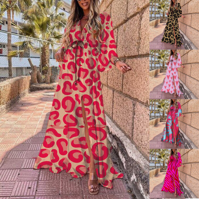 2024 Frühling Sommer gedruckt lange Kleider für Frauen Mode V-Ausschnitt böhmischen Strand Schlitz Kleid lässig Urlaub Damen Maxi Vestidos