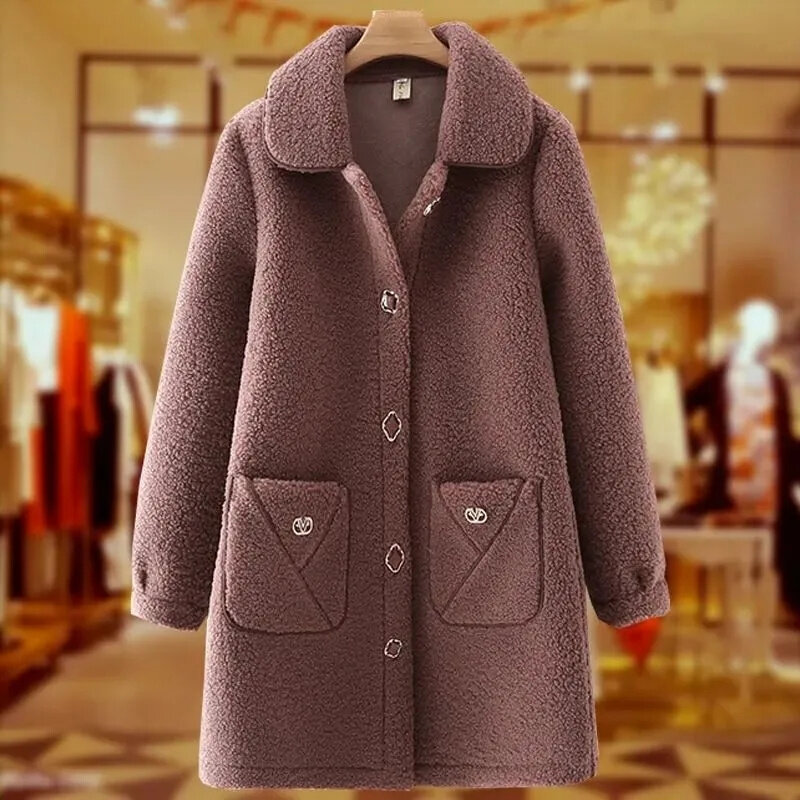 Abrigo Vintage para madre de mediana edad, chaqueta de lana de cordero, de longitud media, talla grande 5XL, Otoño e Invierno