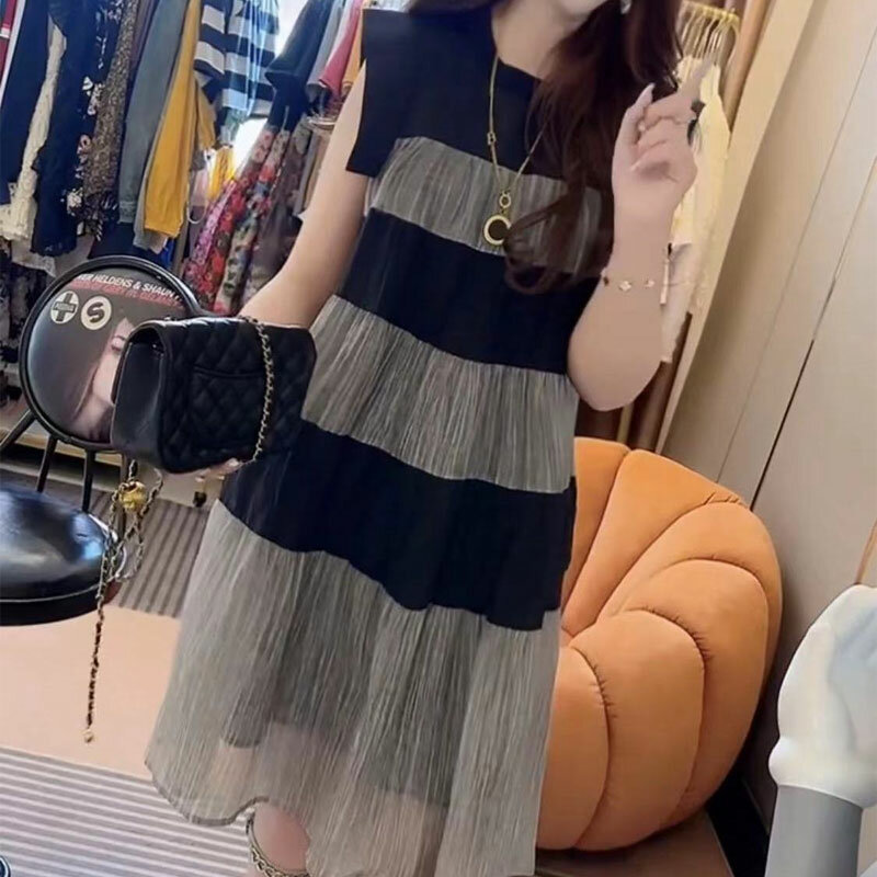 Casual Loose Patchwork Striped Dresses Female Clothing A-Line Contrasting Colors Summer Sleeveless Korean Round Neck Midi Dress