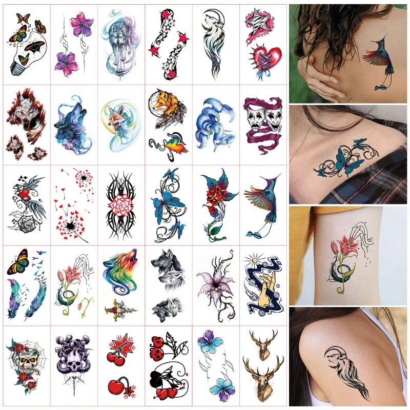 30 шт., временные татуировки Hyun A ins, милые наклейки и переводки, женские татуировки и боди-арт, водонепроницаемые искусственные татуировки, Мультяшные наклейки