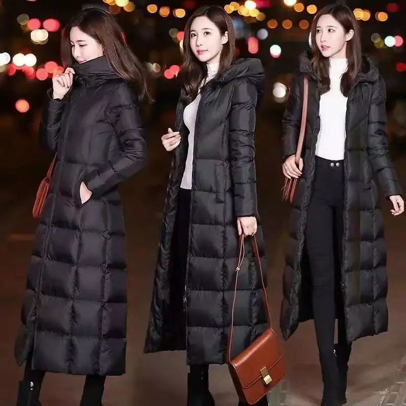 Manteau en coton au genou pour femme, noir pur, long, chaud, épais, hiver, 2022