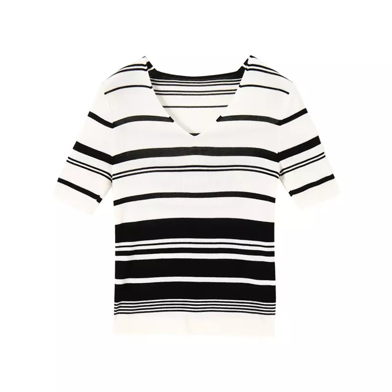 Camiseta de manga curta listrada feminina, gola redonda, algodão, verão, novo, WT30, 2023