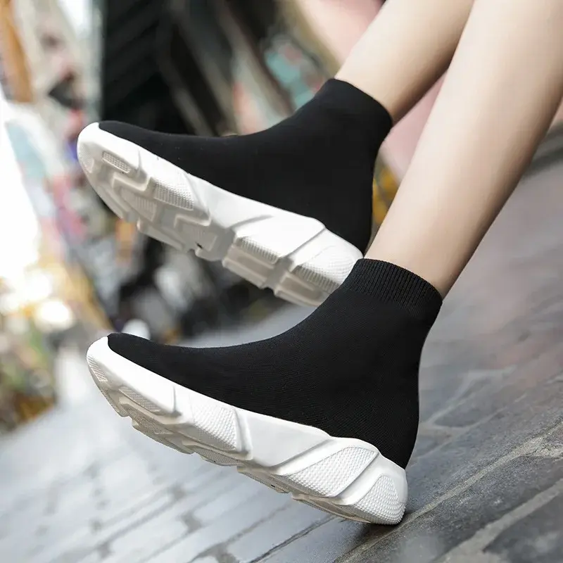 Zapatos de calcetines transpirables para mujer, zapatillas planas de moda, tela elástica, informales, sin cordones