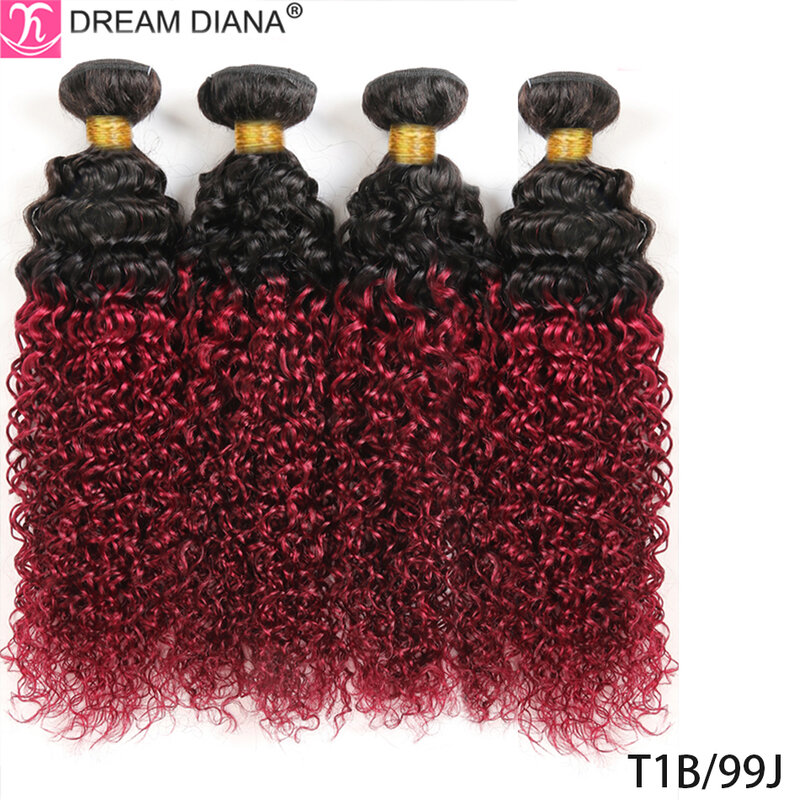 DreamDiana Ombre Kinky Curly 4 Bundles 10A Brazilian Curly Human Hair 4 Bundles For Women Ombre Wet And Wavy 99J Natural Black