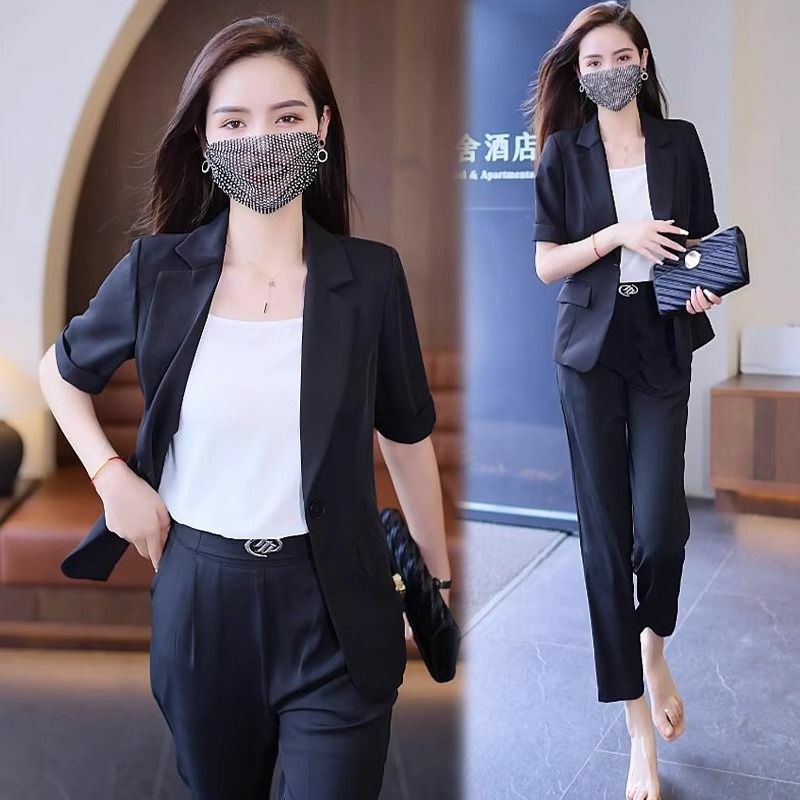 Donna estate nuova moda giacca a maniche corte abbinata Set 2024 coreano elegante sottile blazer pantaloni due pezzi abbigliamento femminile