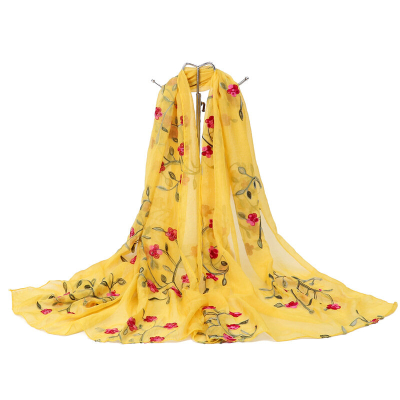2022 lato jedwabny szal hidżab kobiety haft drukuj miękkie chusty szal Wrap moda damska solidna Pashmina szal plażowy chustka