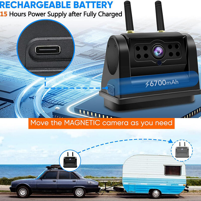 HD-磁気wifiバックアップカメラ,磁気ベース付き充電式バッテリー,リバースカメラ,トラック,トレーラー,rv,6700mah