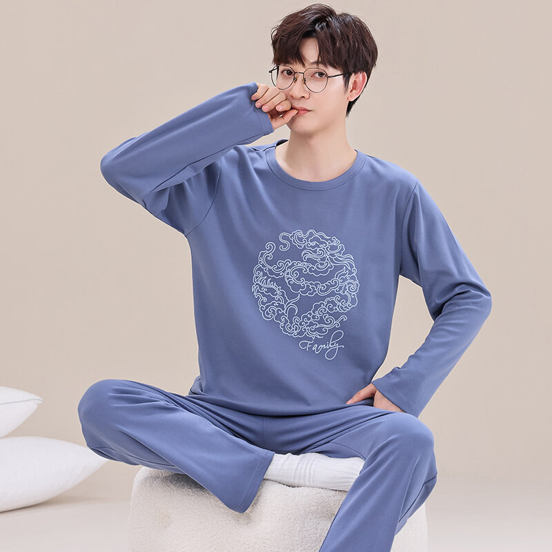 Men's Cotton Long Sleeves Sleepwear Spring Autumn Soft and Comfortable Nightwear O Neck Pajamas Set Male Young Boy Pyjamas