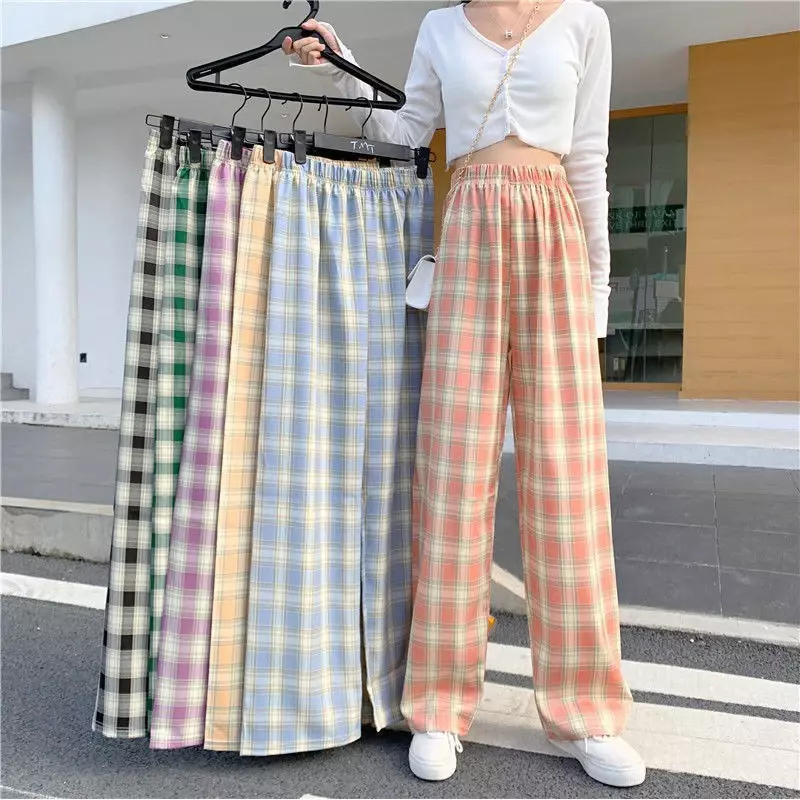 Harajuku spodnie w kratę damskie Oversize spodnie z szerokimi nogawkami kobiece koreański styl wysokiej talii piżama w kratkę 2022, wiosna jesień