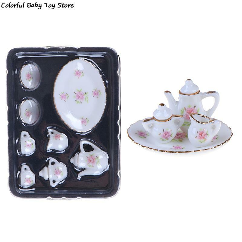 Miniatur Panas Perlengkapan Makan Porselen Set Teh Mangkuk Piring Mangkuk Mainan Furnitur Hadiah Warna-warni Cetak Bunga Dekorasi Meja