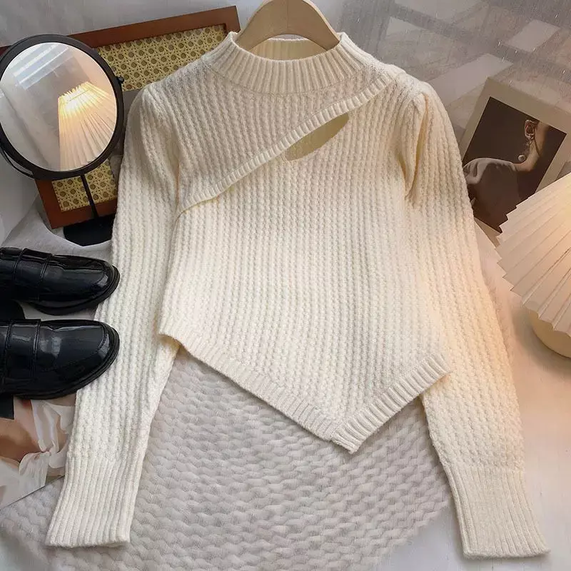 Lady Casual Korean Hollow Out Knitted Pullovers Trend All-match Solid Color Irregular Sweaters Winter Women's Clothing PH90