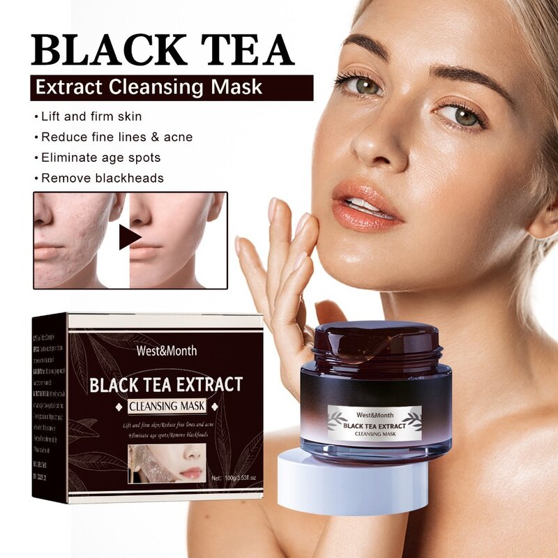 Mascarilla facial de té negro limpiador de poros, Control de aceite, manchas delicadas, exfoliación de té negro, brillo del tono de la piel, rasgado