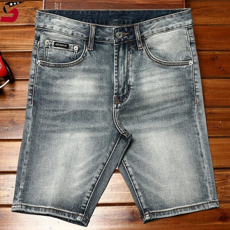 2024Letnie młodzieżowe wysokiej klasy spodenki jeansowe męska marka modowa niebieskie Retro nostalgiczne rozciągliwe wąskie przycięte spodnie