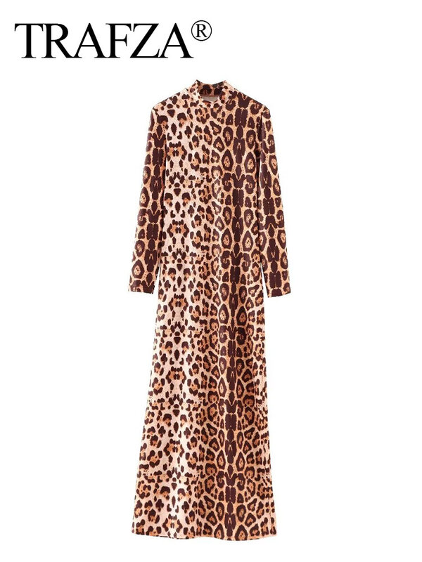 TRAFZA Female New Fashion Elegant Leopard Print Long Sleeve Dress Woman Vintage Chic Midi Evening Party Slim Dresses Vestidos