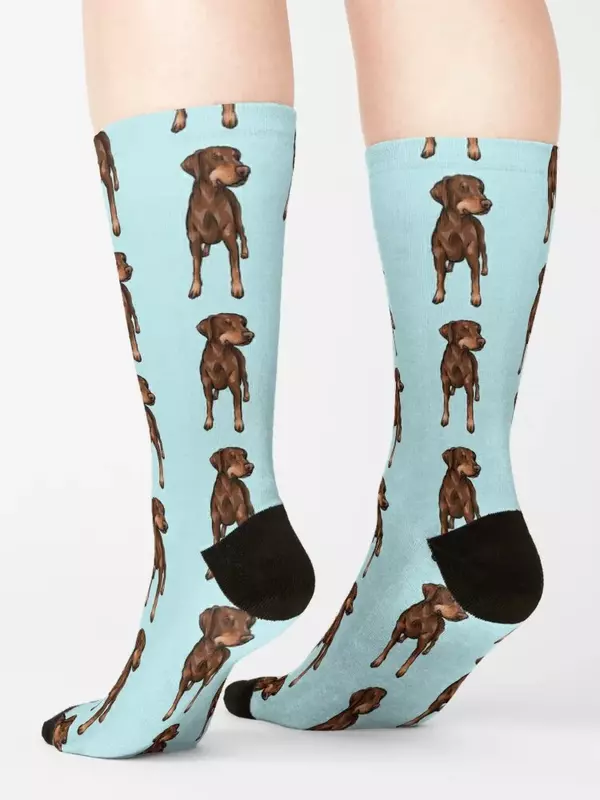 Chaussettes de sport d'art de chien de dessin animé mignon pour hommes et femmes, chocolat, rouge, DobSuffolk, oreille naturelle, chaussettes du Nouvel An