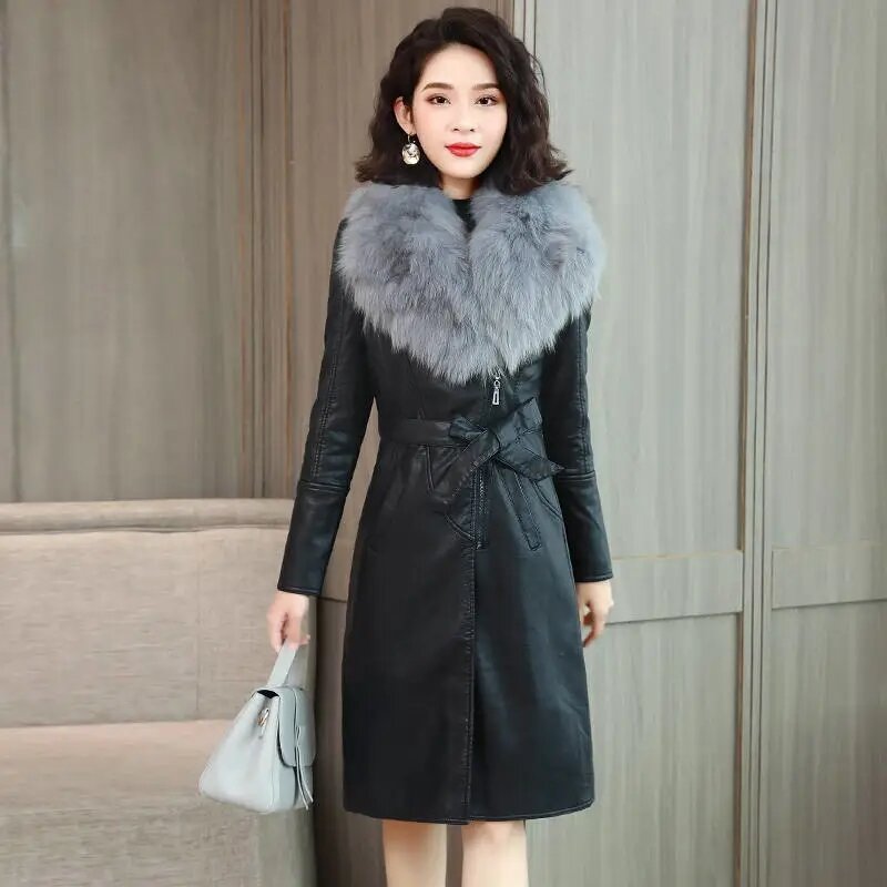 Jaket kulit wanita, mantel luar wanita sabuk ramping hangat beludru bergaris mewah kerah bulu besar Musim Dingin 2023 M-4XL