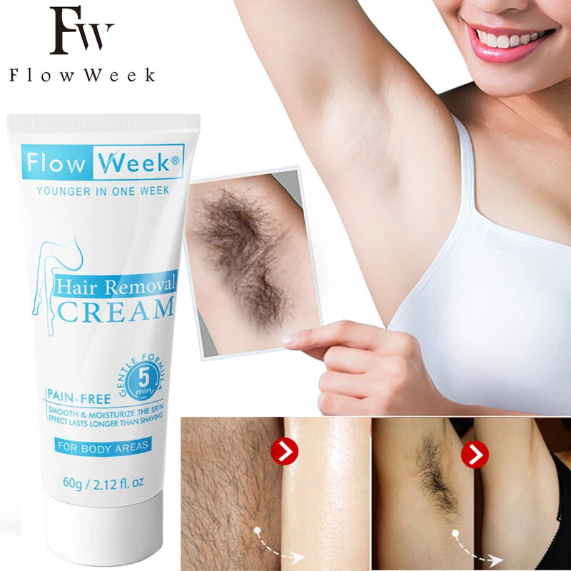 FlowWeek-Depilación indolora de belleza potente, 60G, depilación para axilas, cuerpo y piernas, crema para el cuidado de la piel
