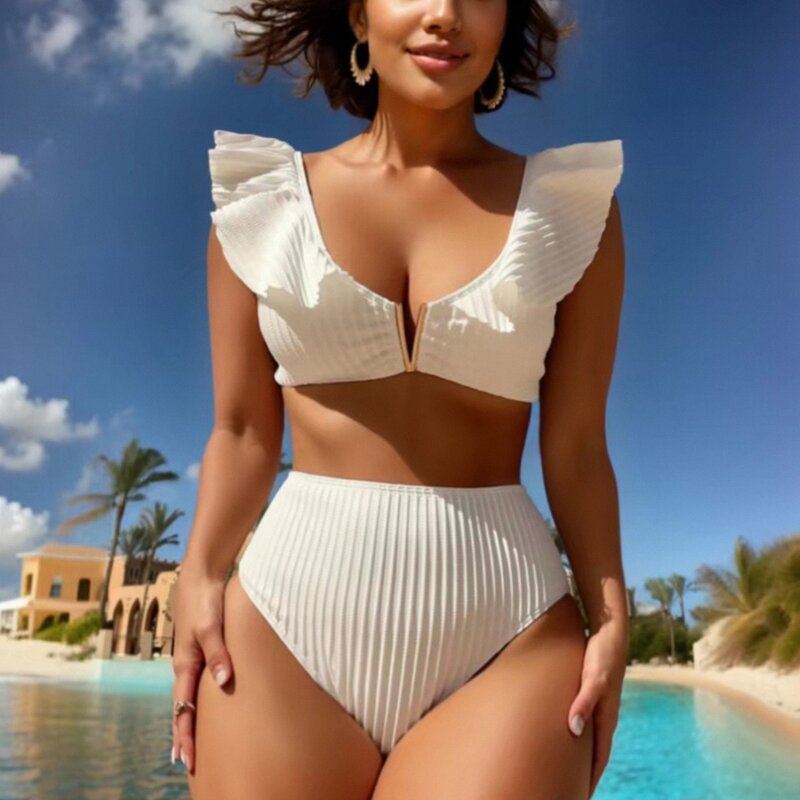Seksowne marszczone w szpic damski strój kąpielowy Bikini z wysokim stanem stroje kąpielowe dwuczęściowe Bikini zestaw kąpielowy strój kąpielowy biały strój plażowy