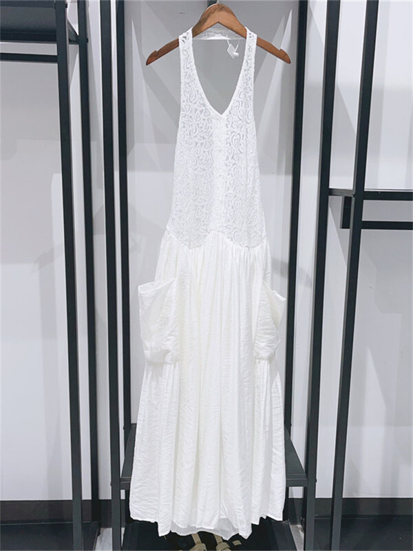 Vestido blanco de encaje con cuello Halter para mujer, traje Midi sin mangas con estampado Floral, bolsillo grande, 2024